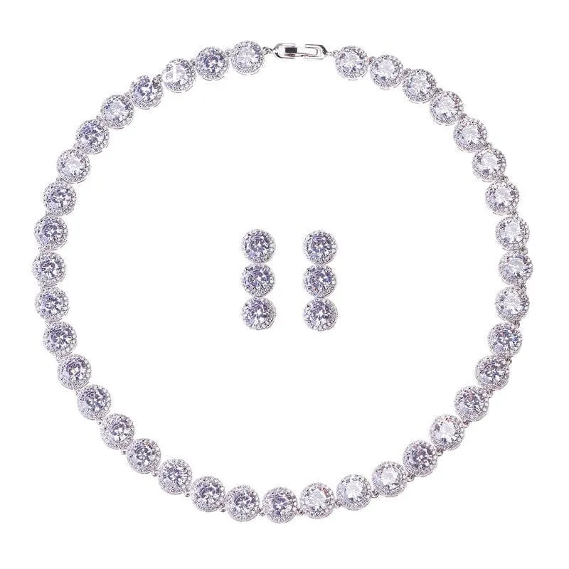 Bridal CZ Crystal Necklace and Earrings Set, CZ Diamond Crystal Choker Link Necklace and Dangle Earrings 3 PC Wedding Crystal Jewelry Set