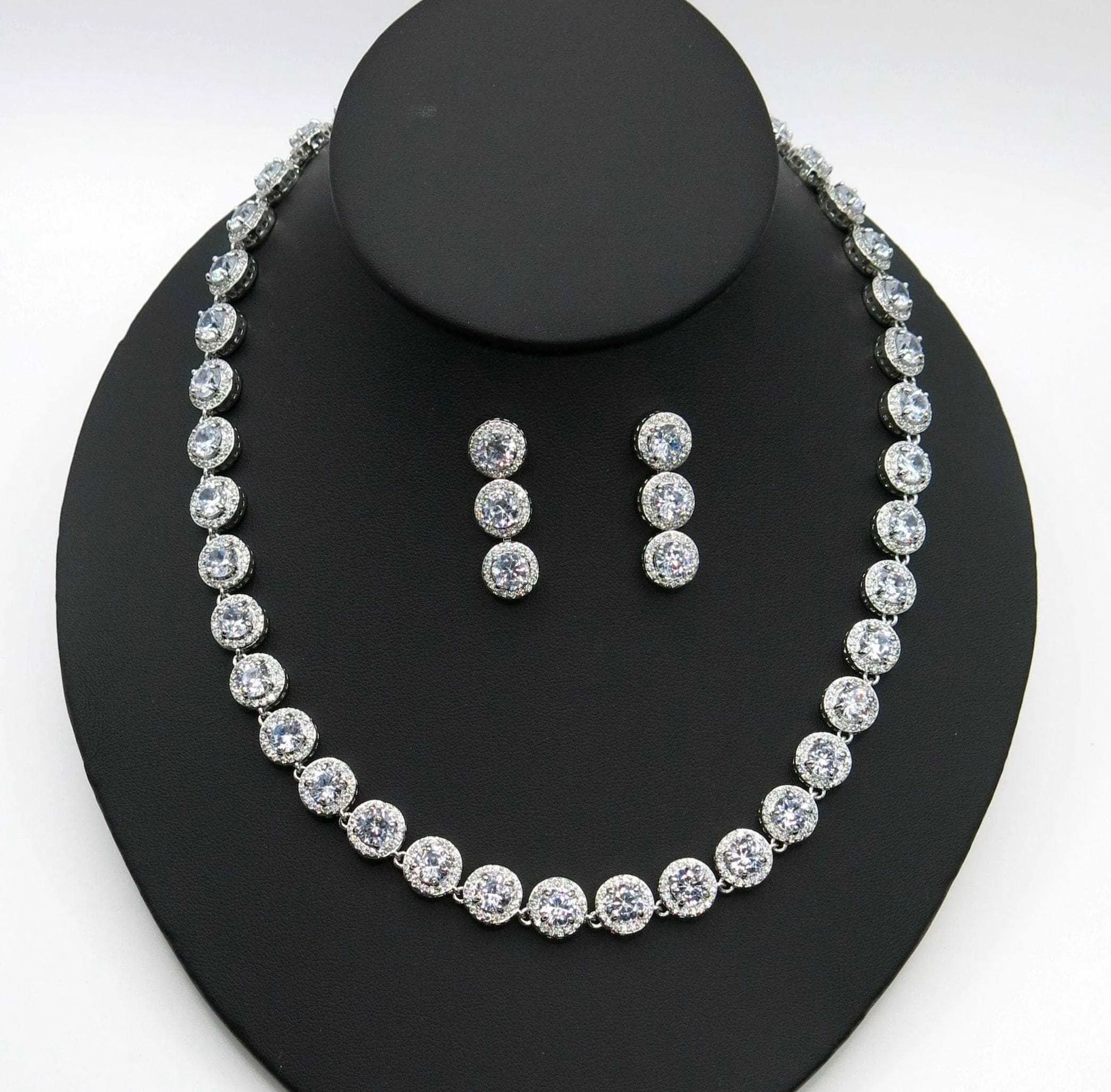 Bridal CZ Crystal Necklace and Earrings Set, CZ Diamond Crystal Choker Link Necklace and Dangle Earrings 3 PC Wedding Crystal Jewelry Set