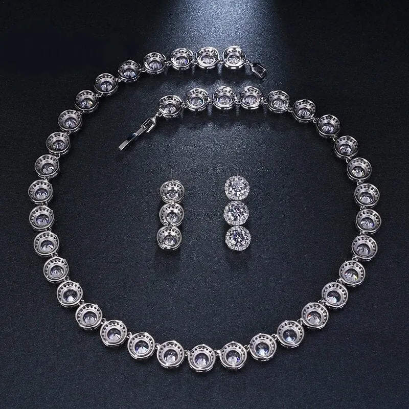 Bridal CZ Crystal Necklace and Earrings Set, CZ Diamond Crystal Choker Link Necklace and Dangle Earrings 3 PC Wedding Crystal Jewelry Set