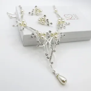 Bridal Pearl Necklace and Earrings 3 PC Jewelry Set, Wedding Silver Rhinestone Y-necklace and Pearl Earrings Set