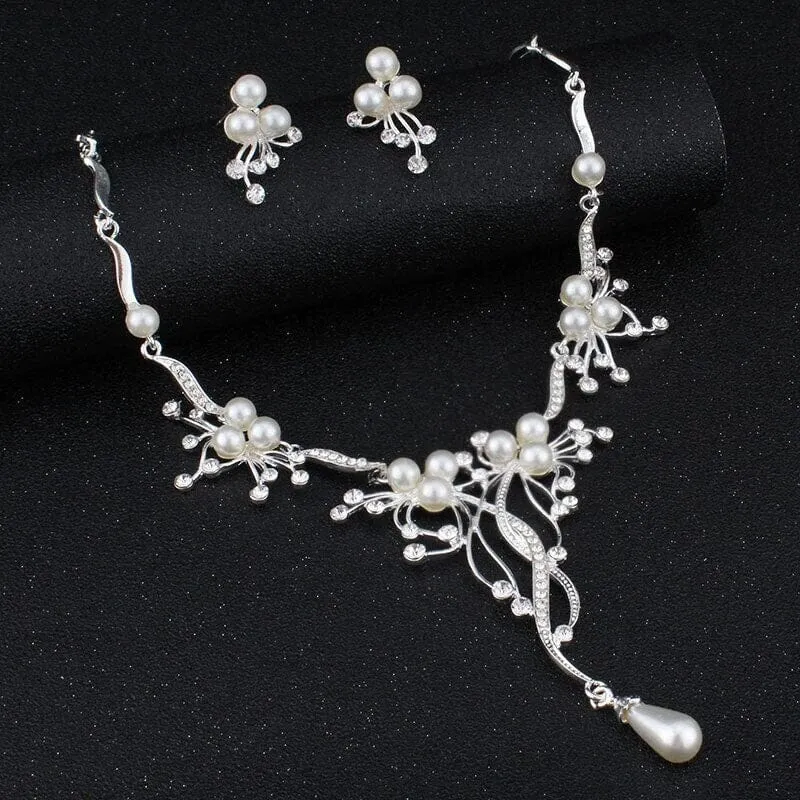 Bridal Pearl Necklace and Earrings 3 PC Jewelry Set, Wedding Silver Rhinestone Y-necklace and Pearl Earrings Set