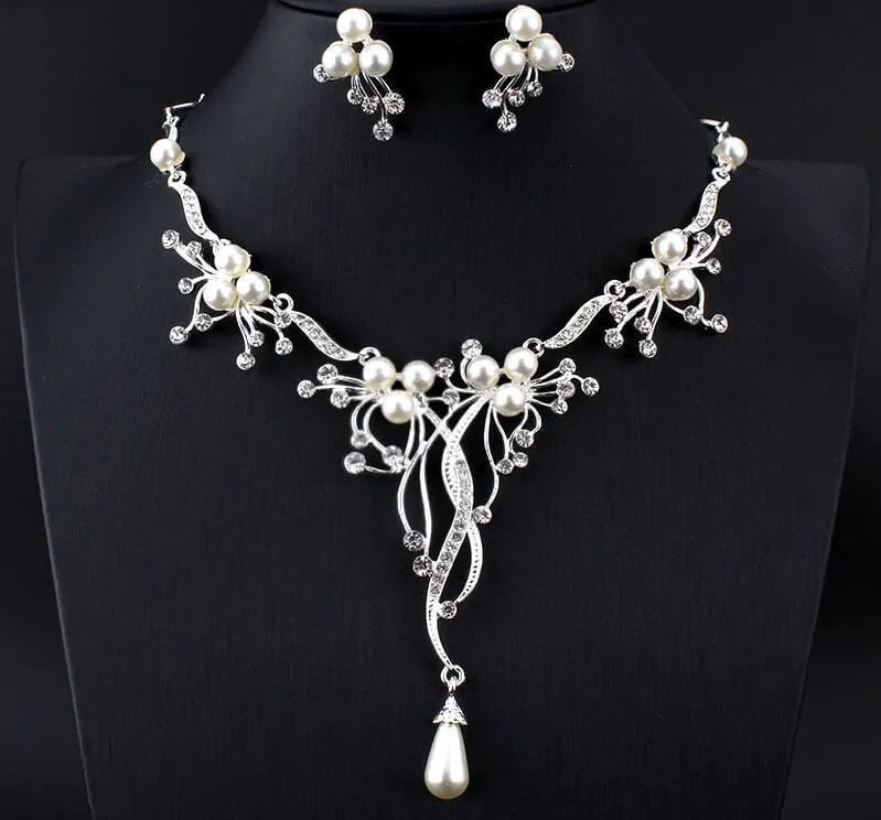 Bridal Pearl Necklace and Earrings 3 PC Jewelry Set, Wedding Silver Rhinestone Y-necklace and Pearl Earrings Set