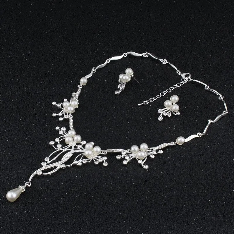 Bridal Pearl Necklace and Earrings 3 PC Jewelry Set, Wedding Silver Rhinestone Y-necklace and Pearl Earrings Set