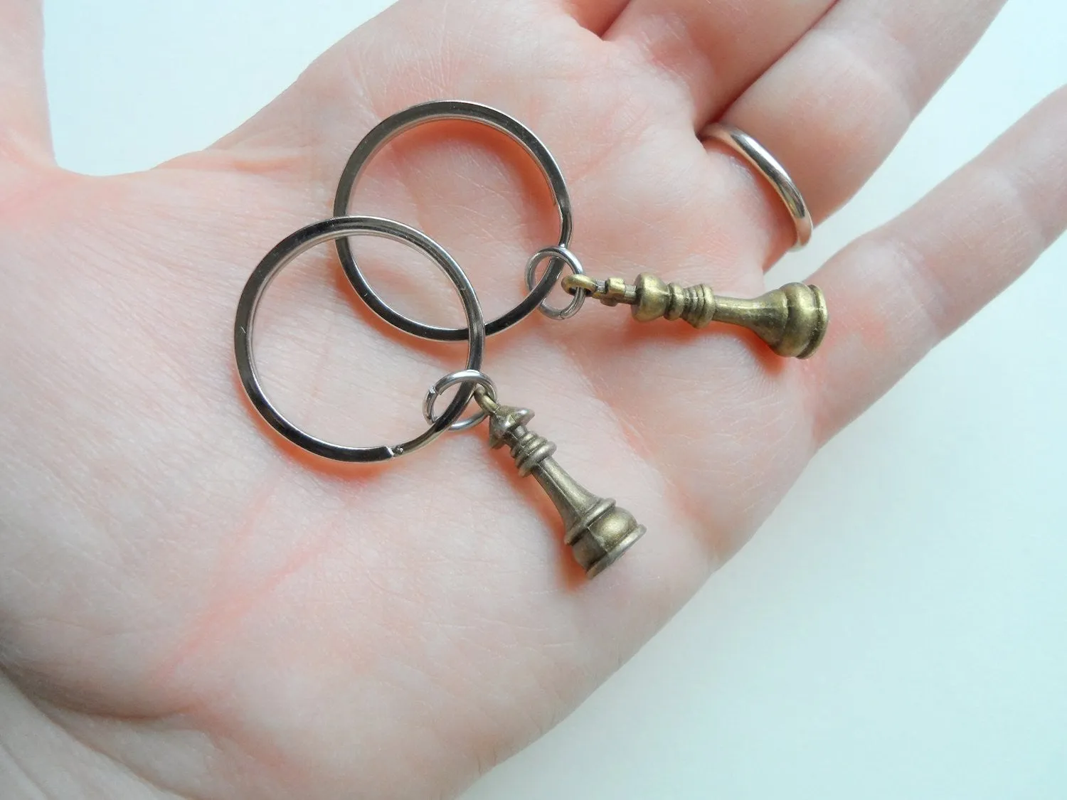 Bronze Chess Piece Charm Keychains, King and Queen Set - Couples Keychain Set, Custom Options