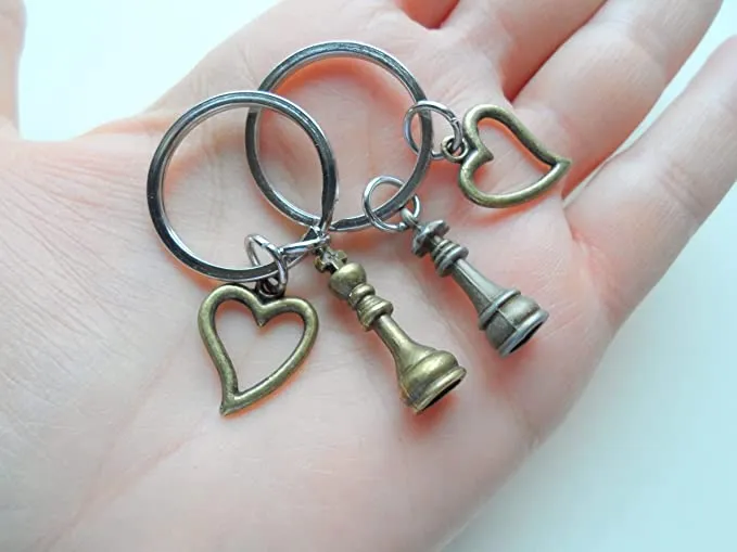 Bronze Chess Piece Charm Keychains with Heart Charms, King and Queen Set - Couples Keychain Set