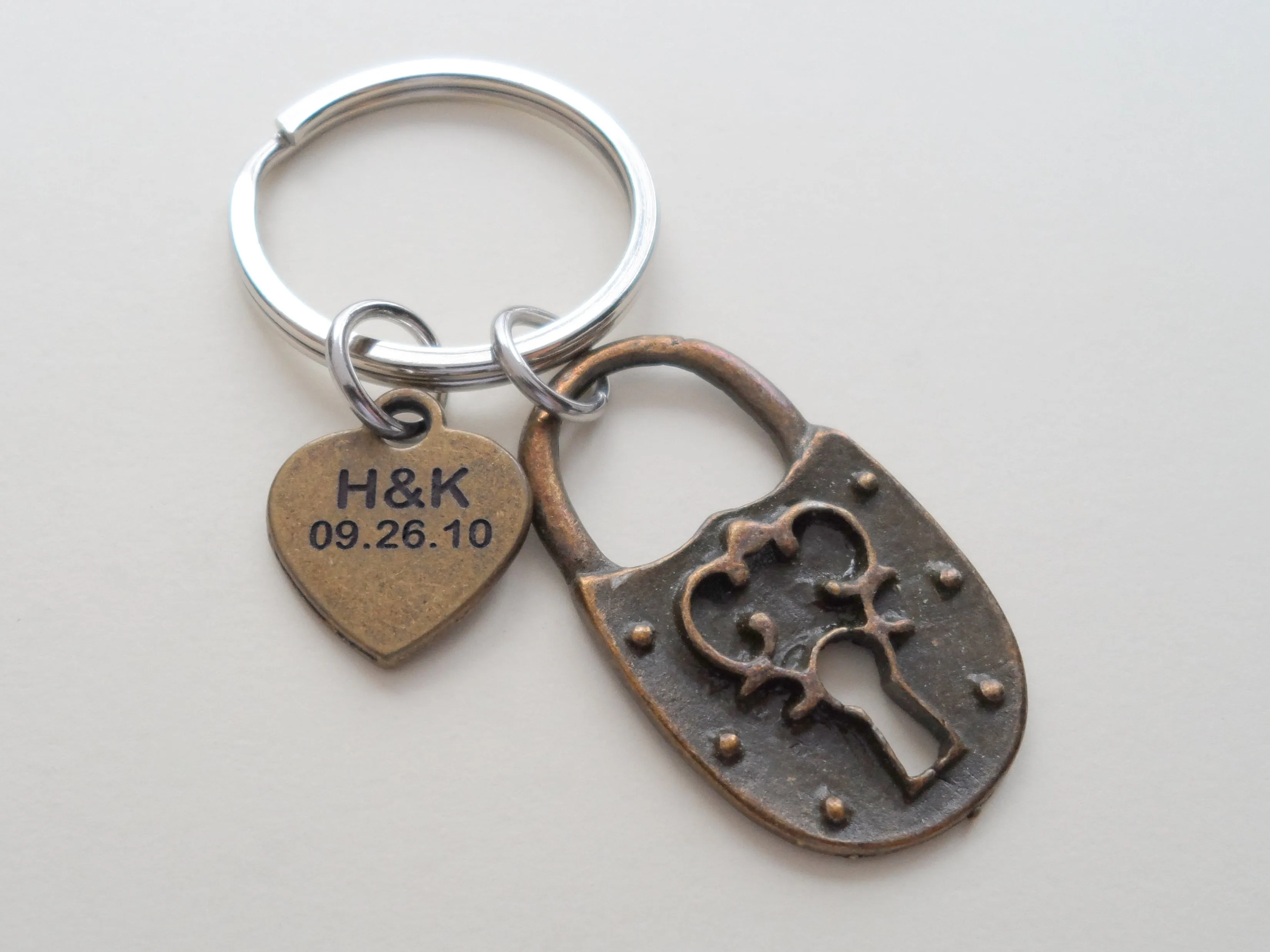 Bronze Scroll Lock and Key Keychain Set - You've Got the Key to My Heart; Couples Keychain Set
