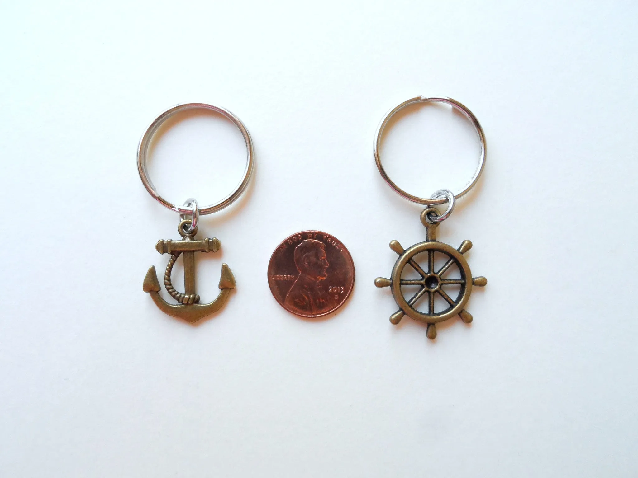 Bronze Ships Helm and Anchor Keychain Set - You Be My Anchor And I'll Steer You Straight; Couples Keychain Set