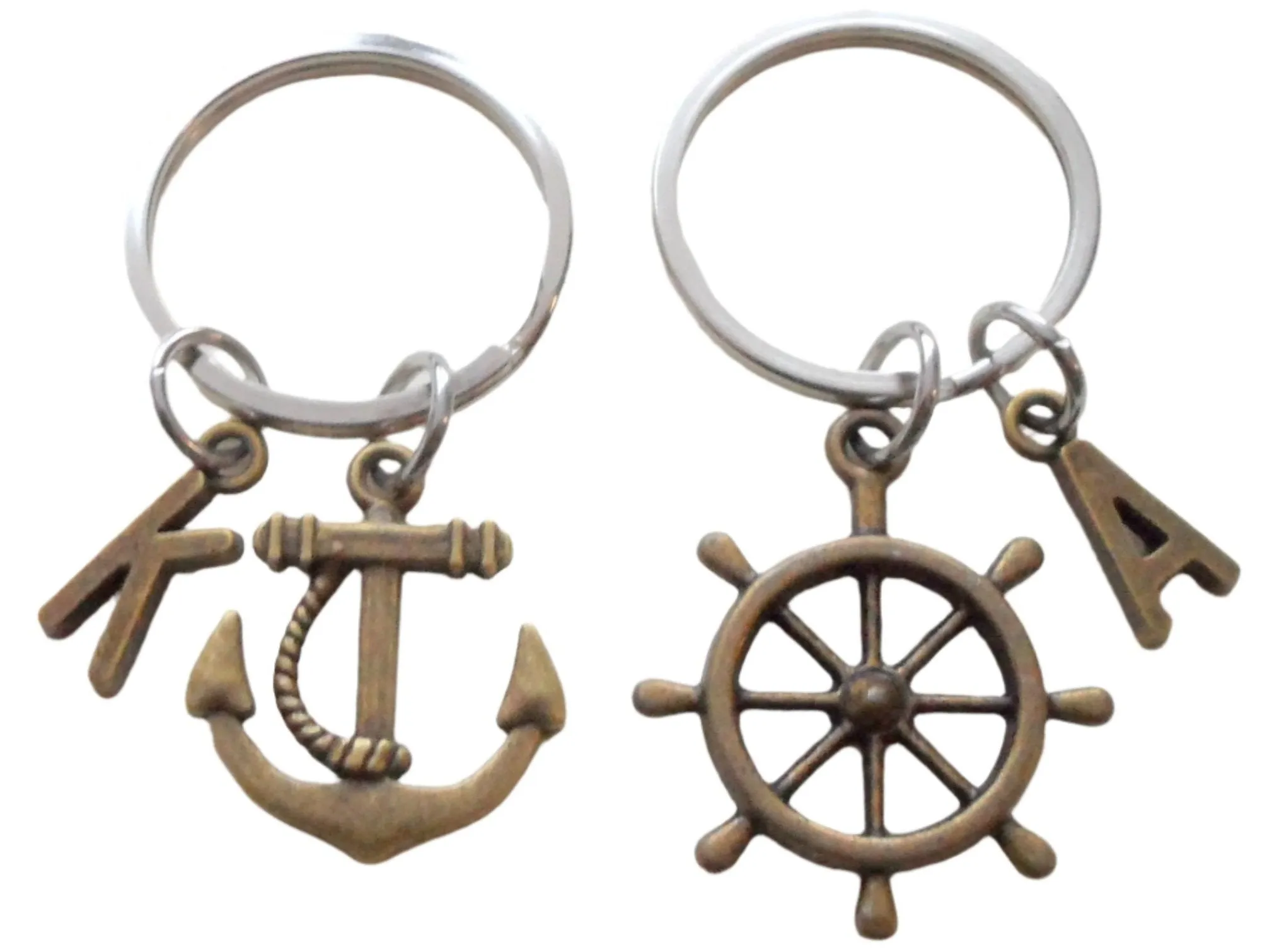 Bronze Ships Helm and Anchor Keychain Set - You Be My Anchor And I'll Steer You Straight; Couples Keychain Set