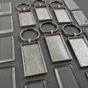Bulk Rectangle Photo Keychain Blanks with Glass Covers 50x25mm Antique Silver