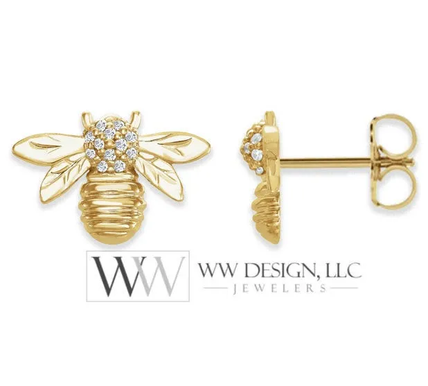 Bumble Bee Diamond 0.06 ctw Stud Earrings - 14k Solid Gold, 14k Rose Gold, 14k White Gold Christmas 12.2mm x 8.4mm Honey Bee Diamond Studs