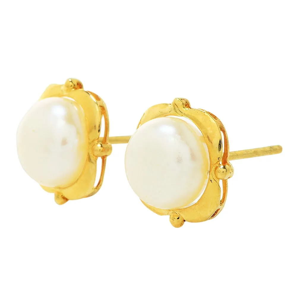 Button Pearl Stud Earrings in Square Yellow Gold Frame