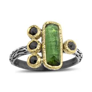 Cactus Texture Ring with Green Tourmaline and Black Diamonds