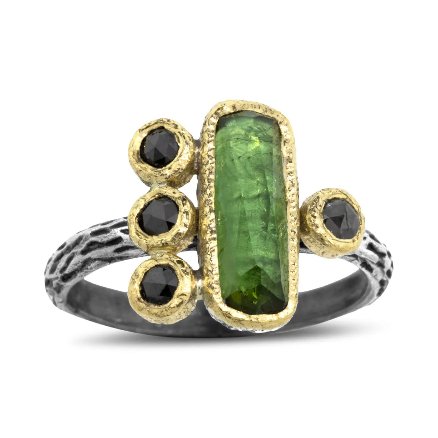 Cactus Texture Ring with Green Tourmaline and Black Diamonds