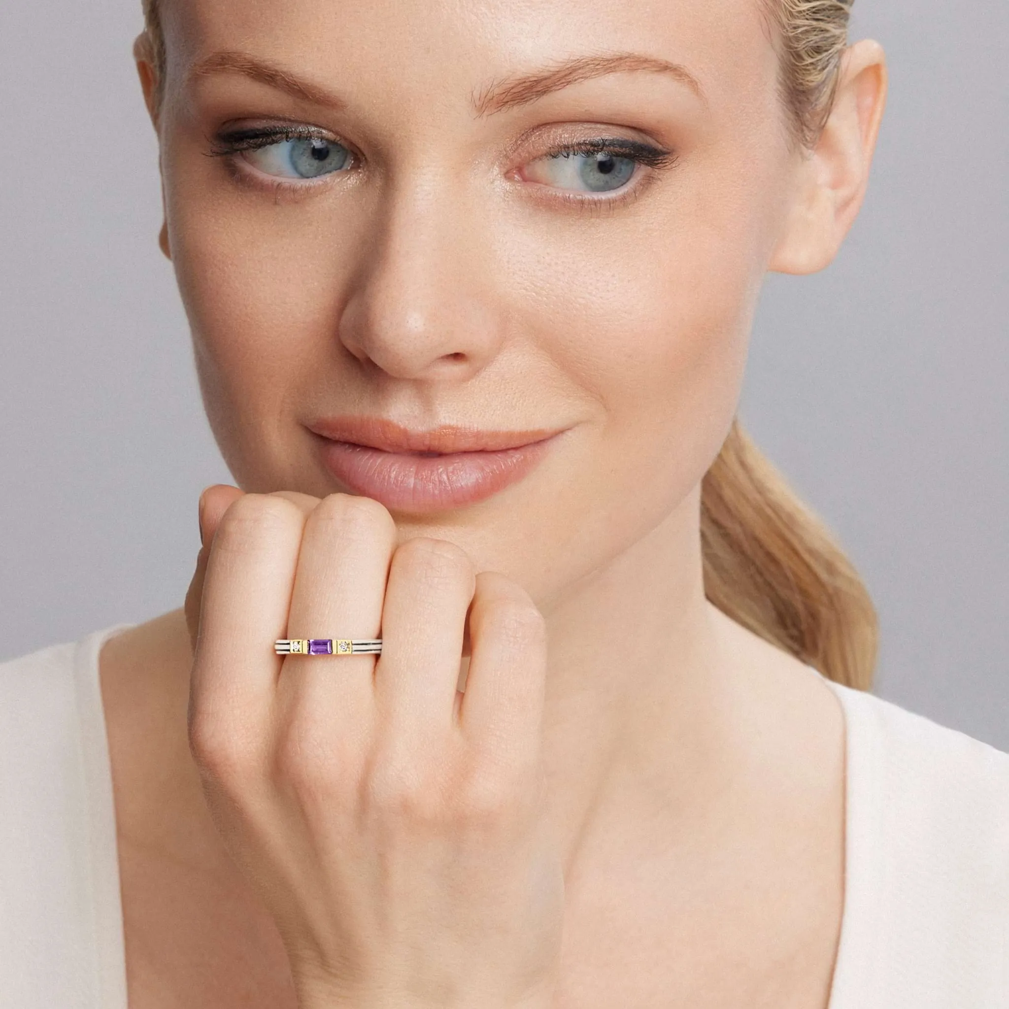 Caviar Color Amethyst and Diamond Stacking Ring