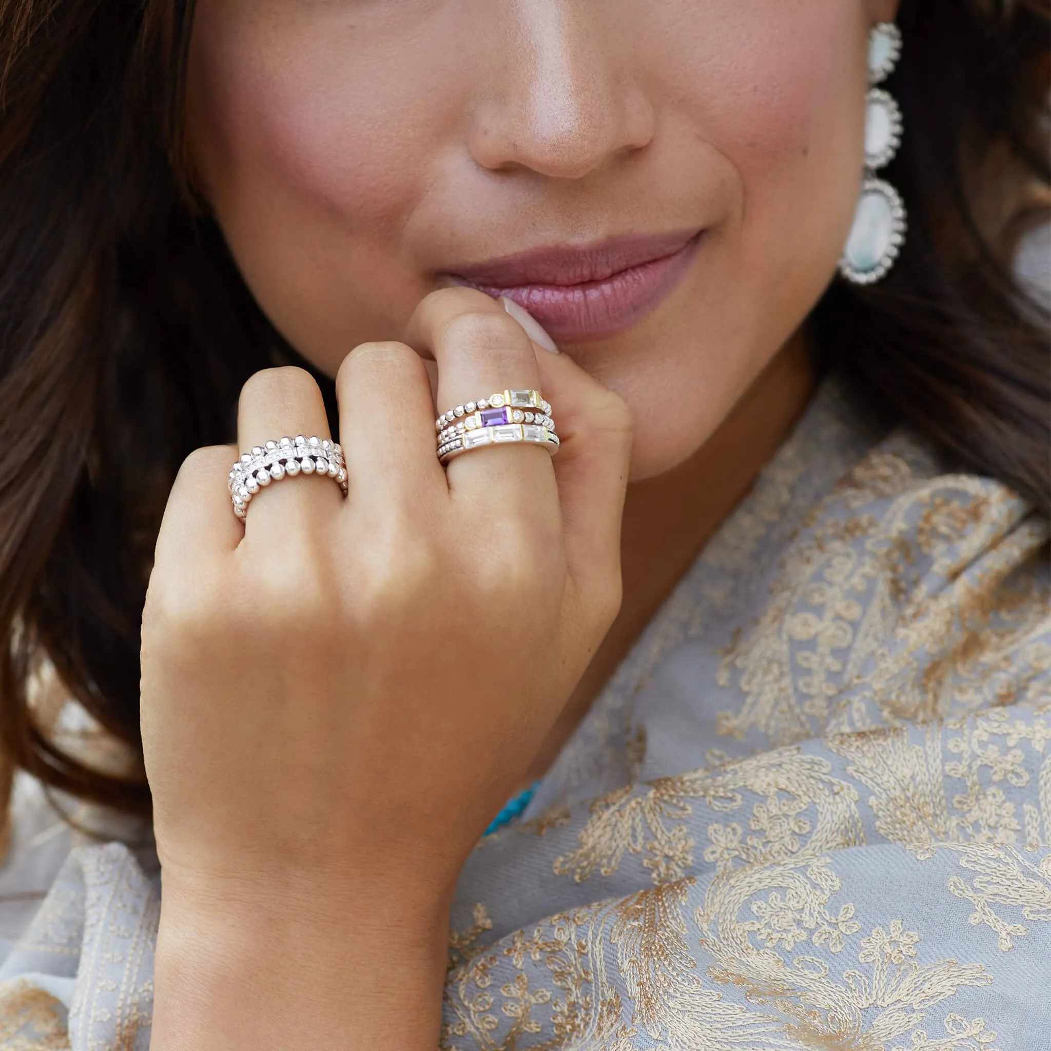 Caviar Color Amethyst and Diamond Stacking Ring