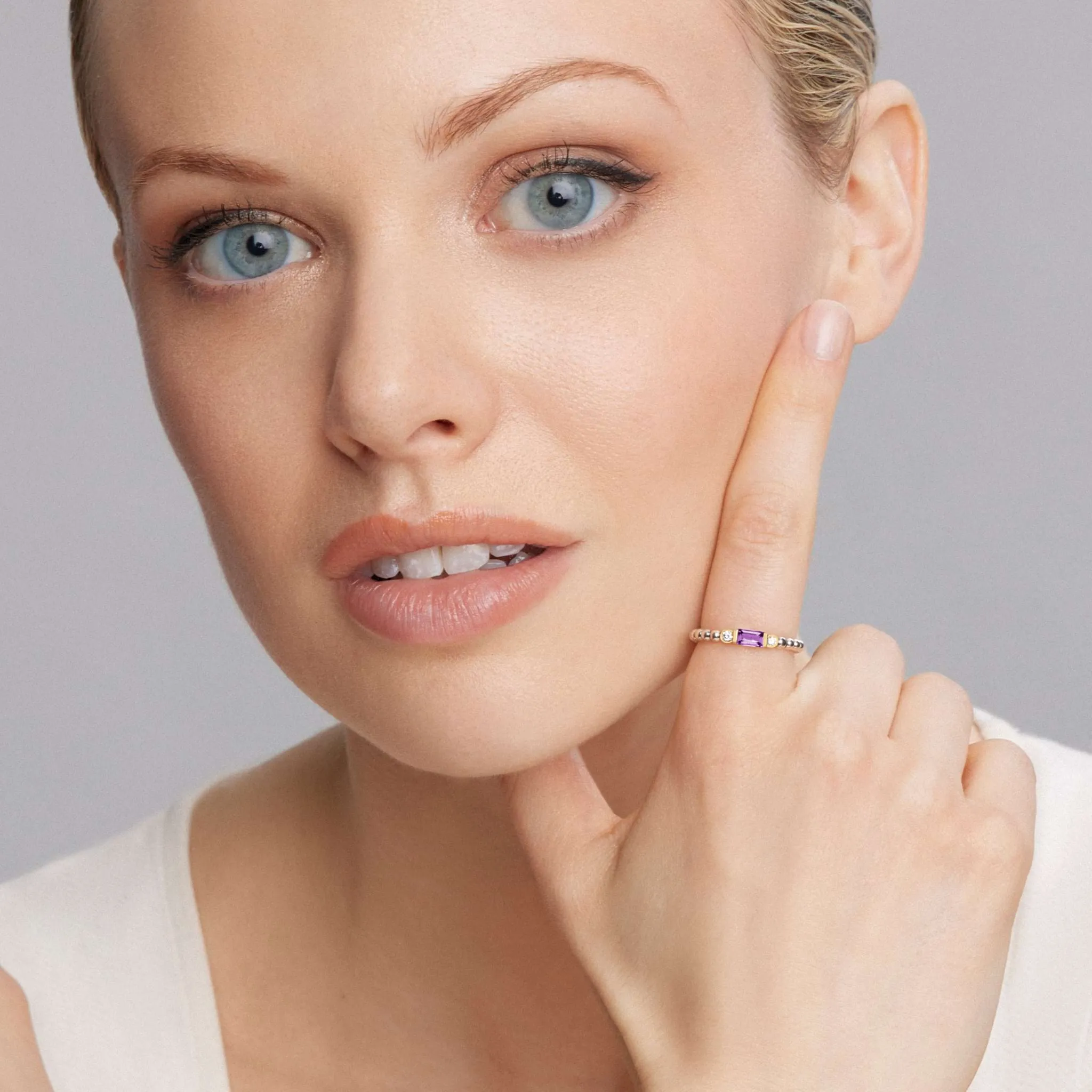 Caviar Color Amethyst and Diamond Stacking Ring