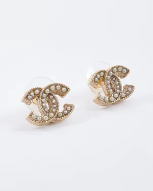 Chanel Gold & Pearl Logo Stud Earrings