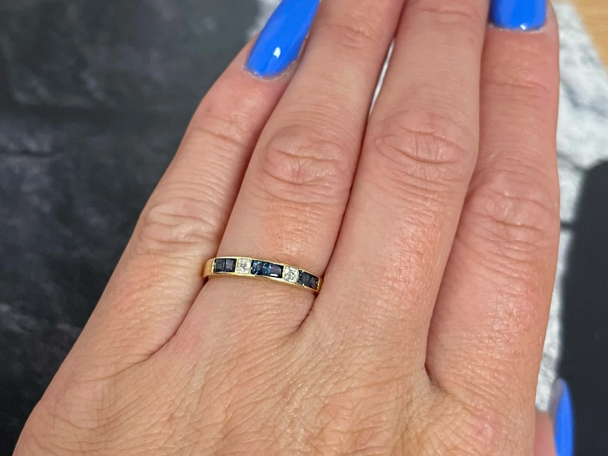 Channel Set Sapphire and Diamond Band Ring in 14k Yellow Gold
