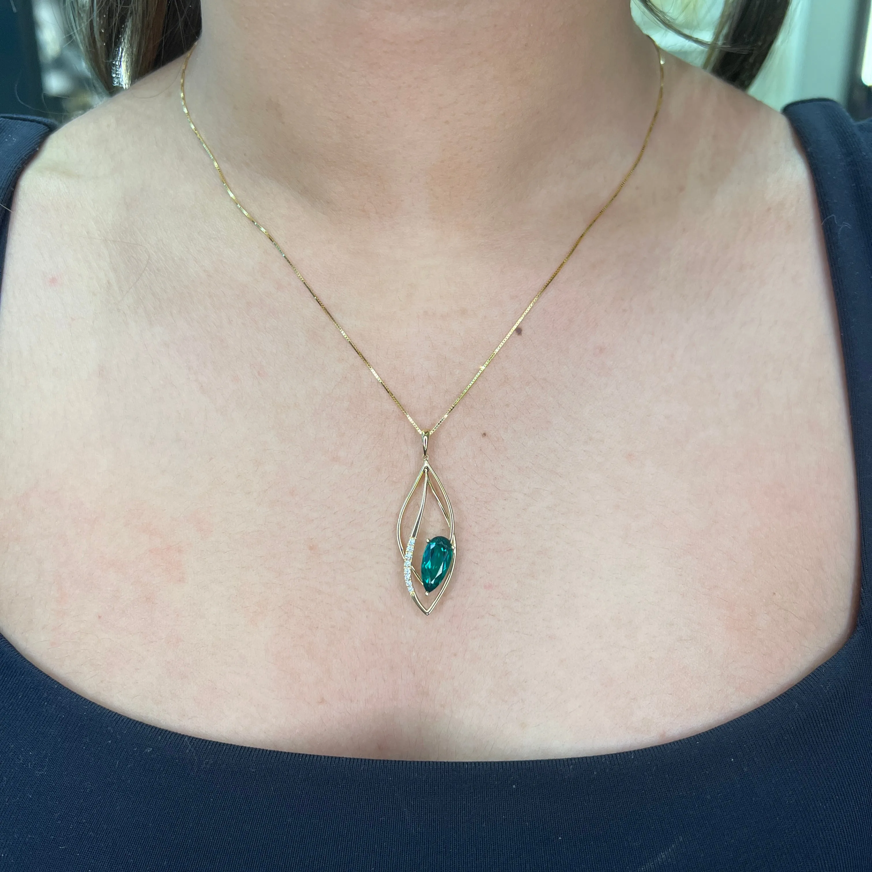 Chatham 14K Yellow Gold Created Emerald and Lab Grown Diamond Pendant