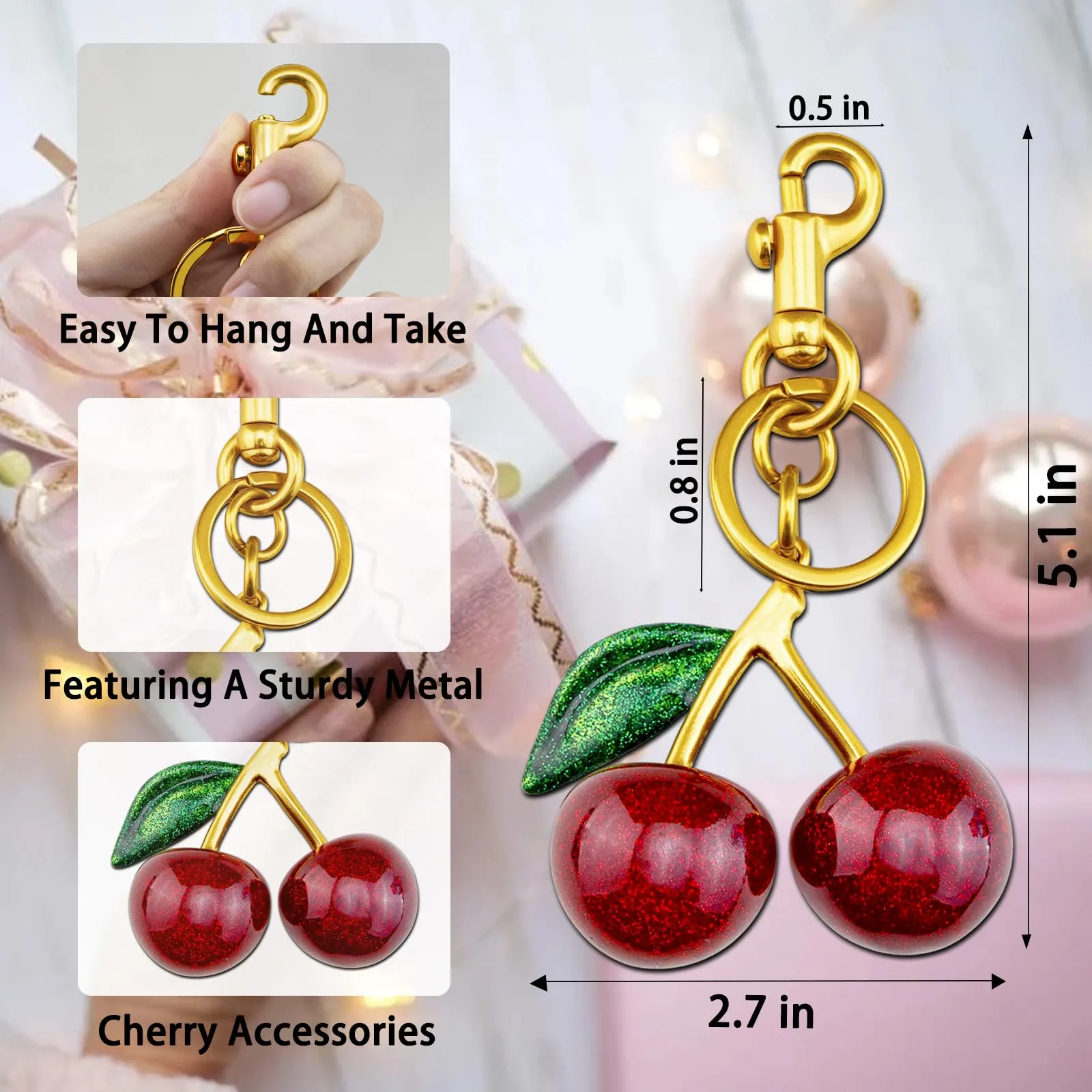 Cherry Keychain Cherry Bag Charms Purse Charms for Handbags Cute Cherry Accessories Gifts for Women Purse Charms for Handbags Cherry Charm Keychain For Women Birthday Christmas Gifts Stocking Stuffers