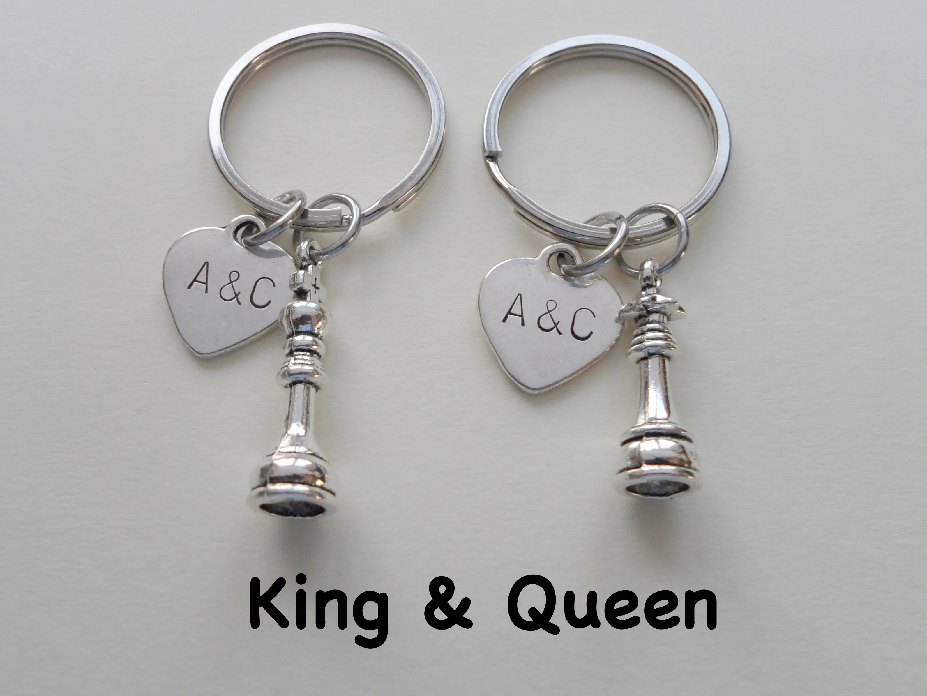Chess Piece Charm Keychains, King and Queen Set - Couples Keychain Set, Custom Engraved Tags Option