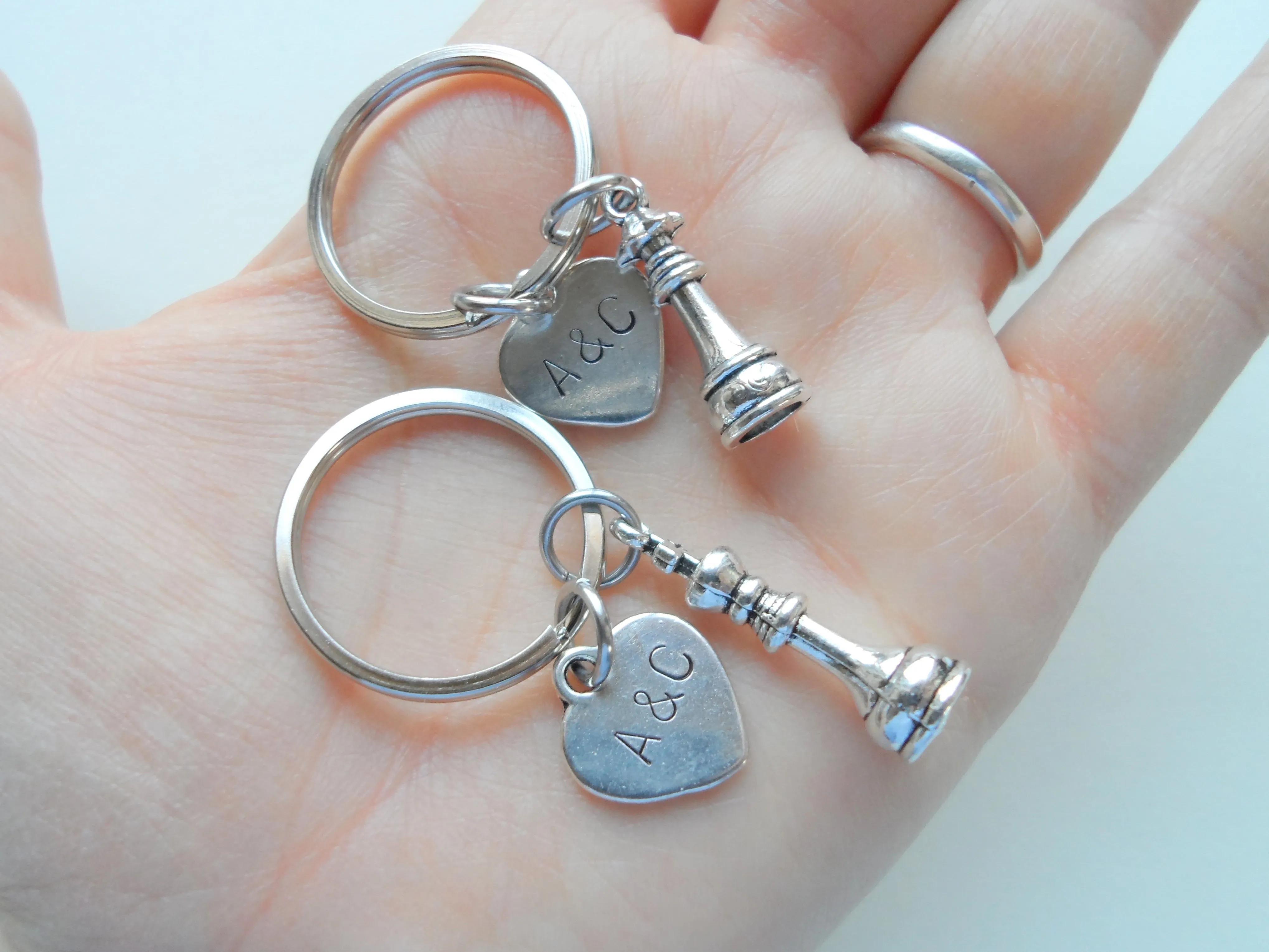 Chess Piece Charm Keychains, King and Queen Set - Couples Keychain Set, Custom Engraved Tags Option