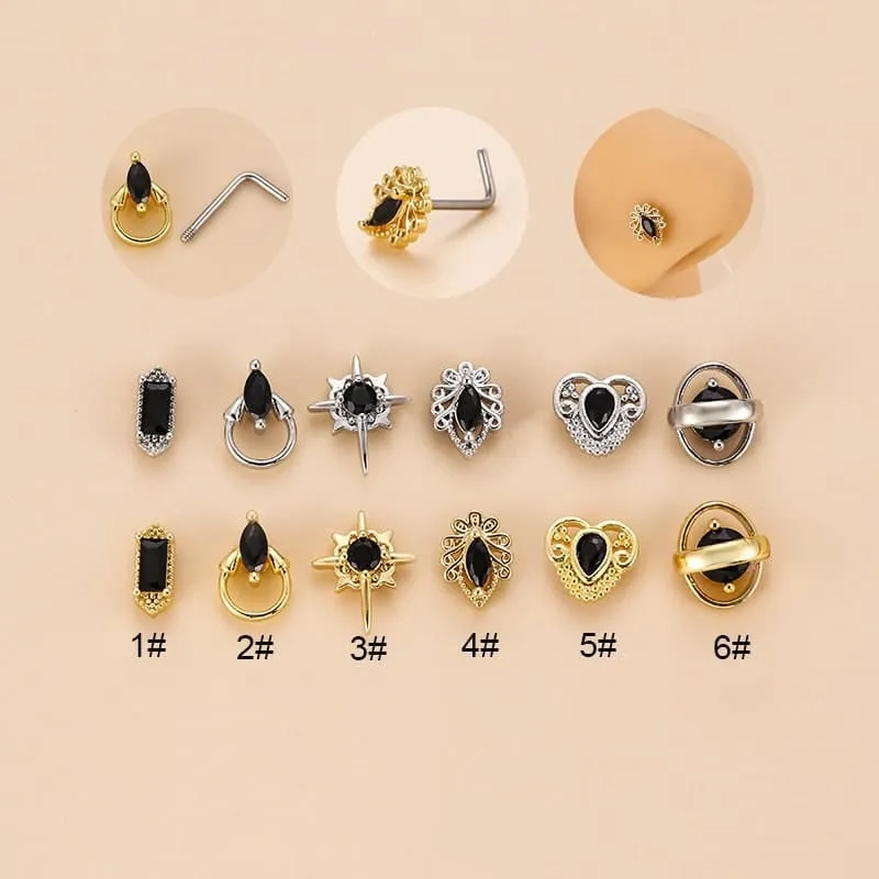 Chic Black CZ Inlaid Stainless Steel Antique Heart Star Nose Piercing Nose Stud