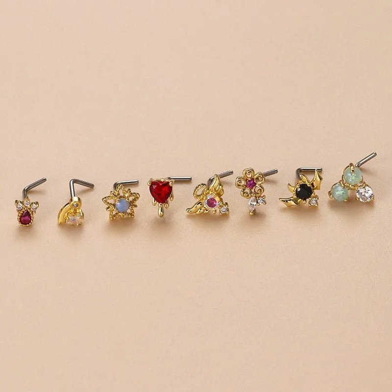 Chic Colorful CZ Inlaid Stainless Steel Angel Wings Heart Star Nose Piercing Nose Stud