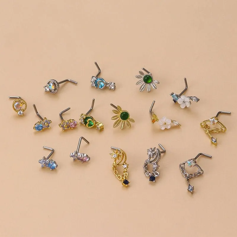 Chic Colorful CZ Inlaid Stainless Steel Floral Moon Star Nose Piercing Nose Stud