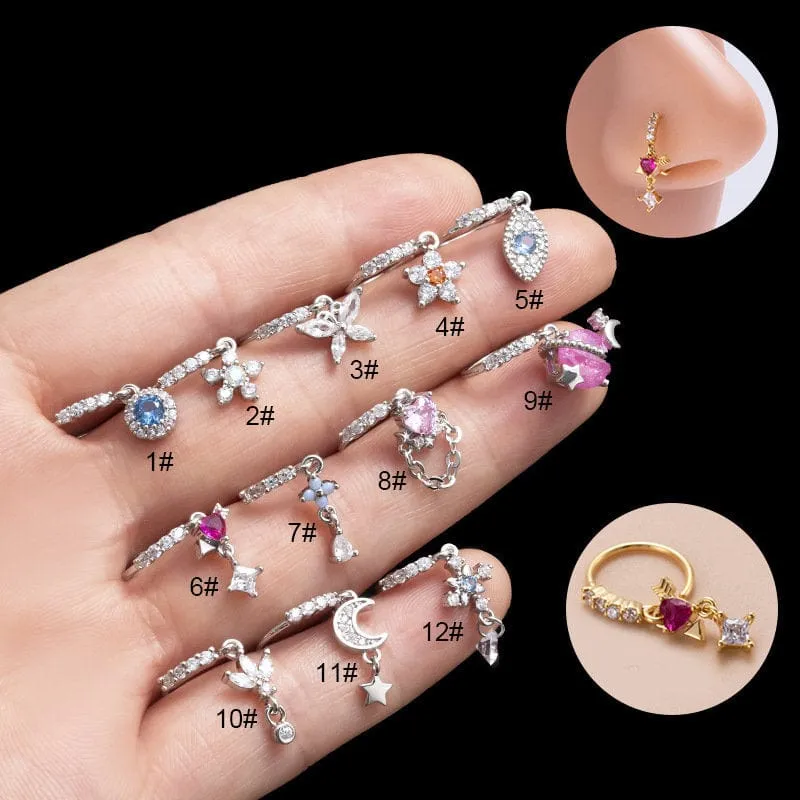 Chic CZ Inlaid Floral Arrow Heart Moon Star Dangling Nose Piercing Hoop
