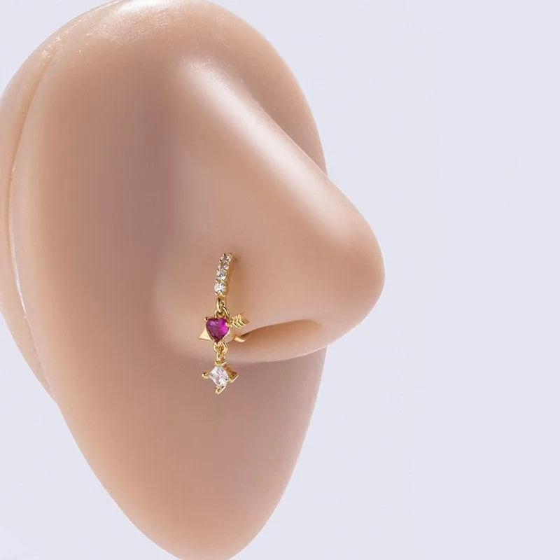 Chic CZ Inlaid Floral Arrow Heart Moon Star Dangling Nose Piercing Hoop
