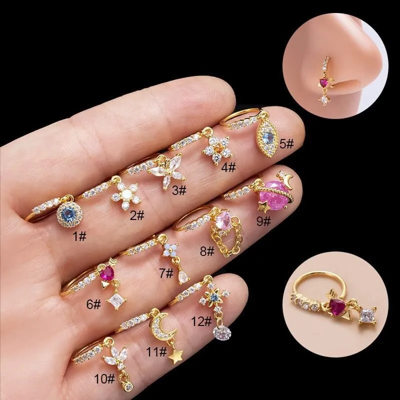 Chic CZ Inlaid Floral Arrow Heart Moon Star Dangling Nose Piercing Hoop