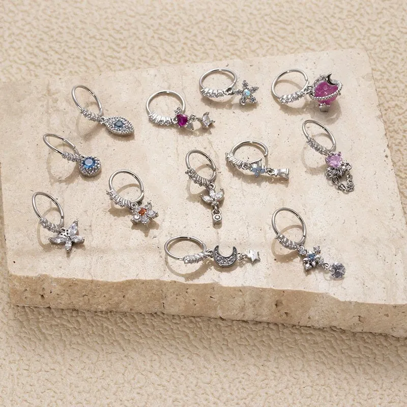Chic CZ Inlaid Floral Arrow Heart Moon Star Dangling Nose Piercing Hoop