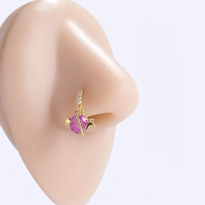 Chic CZ Inlaid Floral Arrow Heart Moon Star Dangling Nose Piercing Hoop