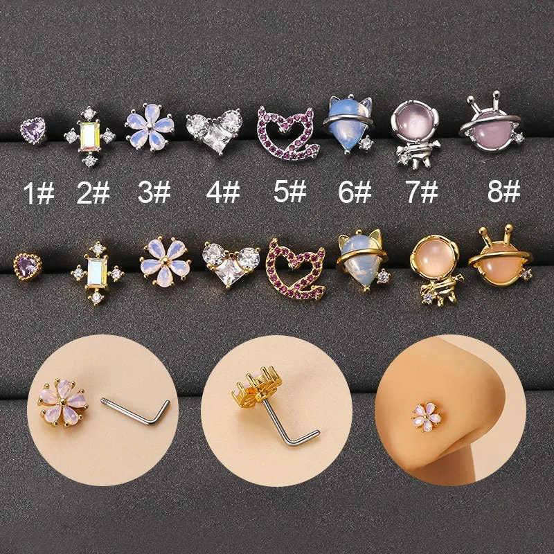 Chic CZ Inlaid Opal Astronaut Alien Floral Heart Nose Piercing Nose Stud