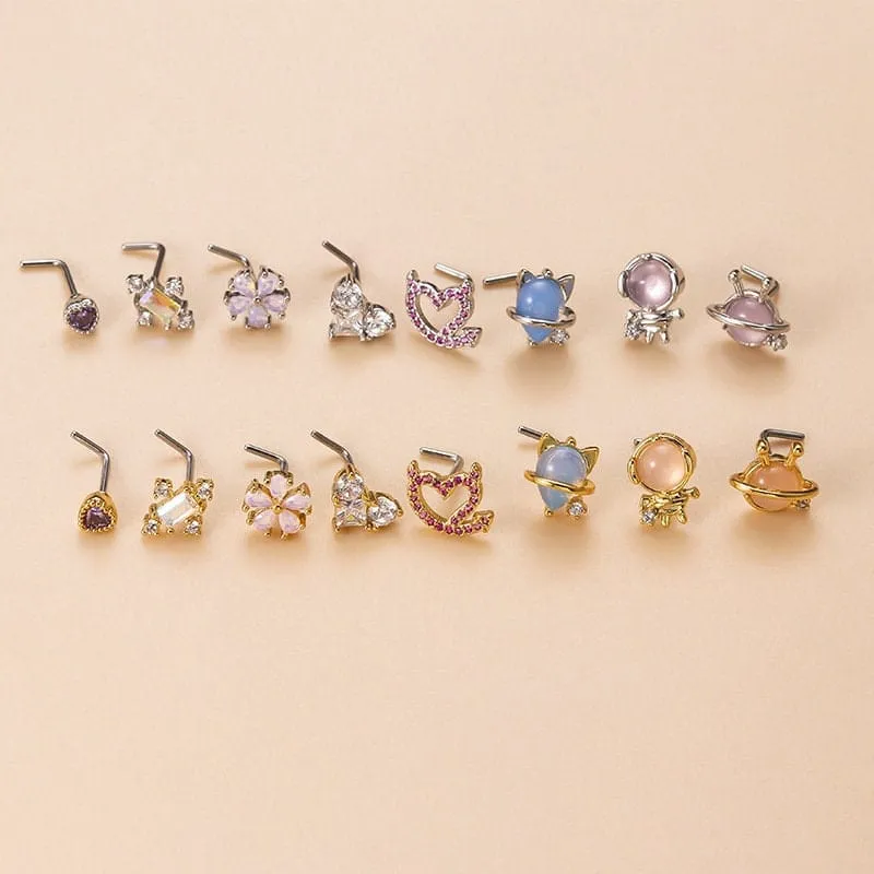 Chic CZ Inlaid Opal Astronaut Alien Floral Heart Nose Piercing Nose Stud
