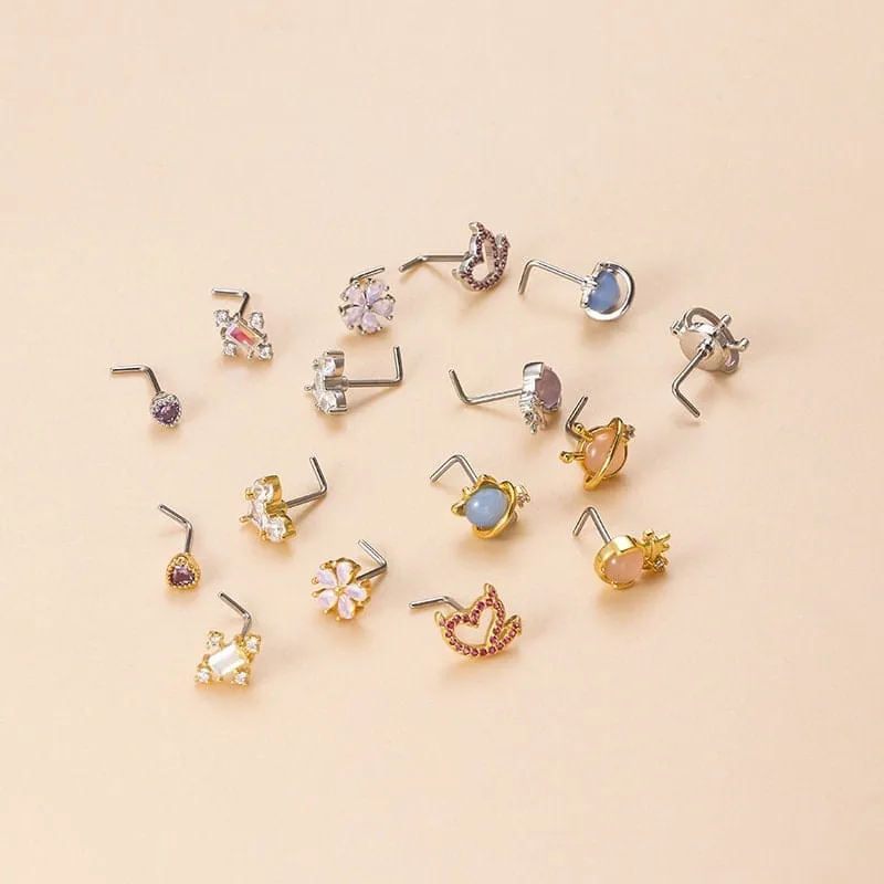 Chic CZ Inlaid Opal Astronaut Alien Floral Heart Nose Piercing Nose Stud