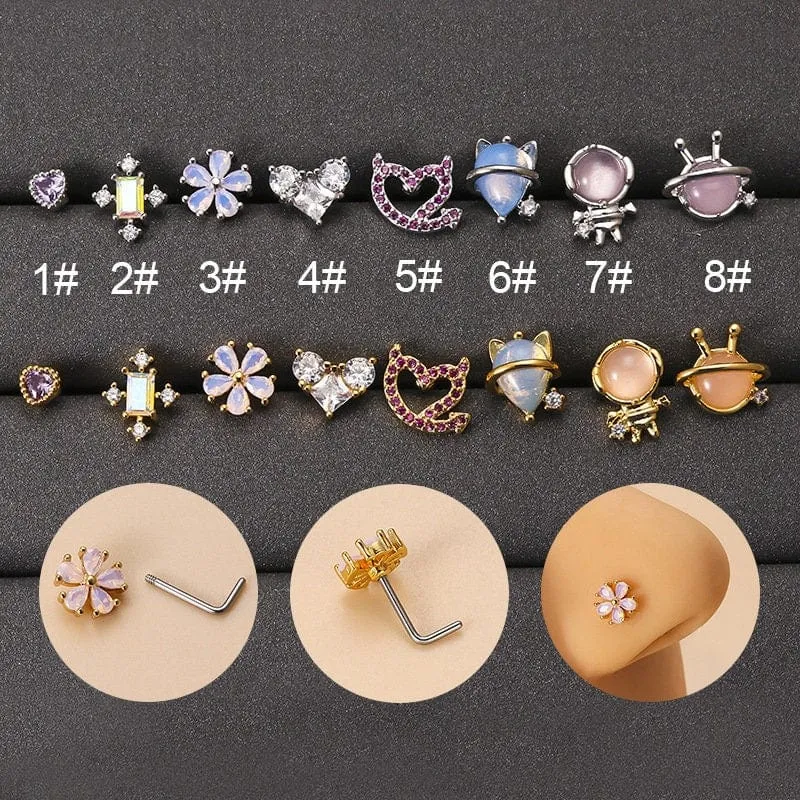 Chic CZ Inlaid Opal Astronaut Alien Floral Heart Nose Piercing Nose Stud