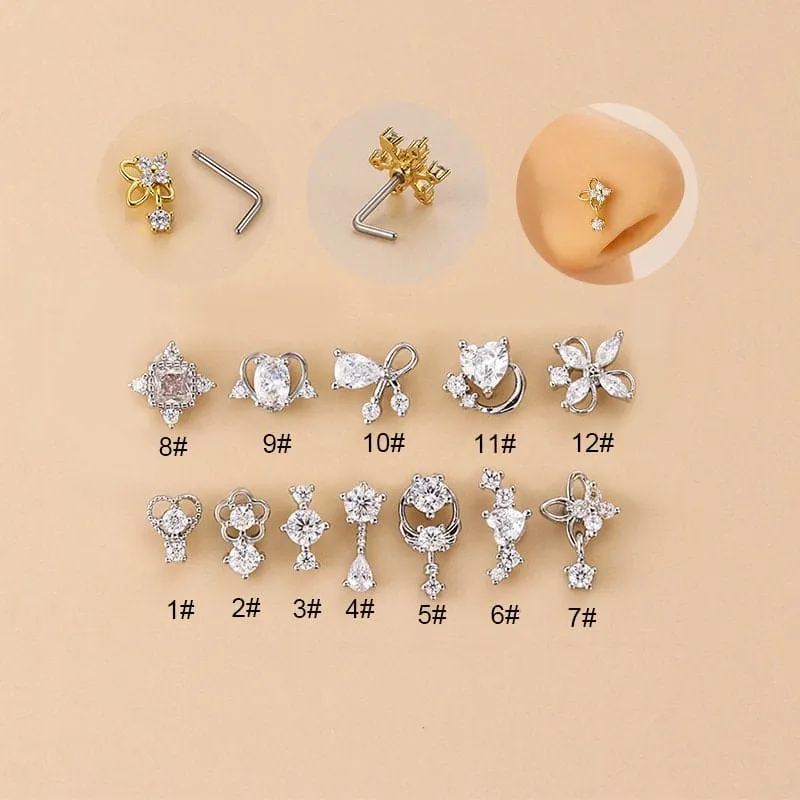 Chic CZ Inlaid Stainless Steel Floral Angel Wings Heart Nose Piercing Nose Stud