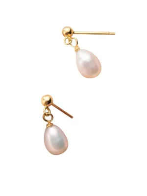 Children's Earrings:  Sterling Silver with Gold Over (Vermeil) Imitation Water Drop Pearl Earrings with Gift Box