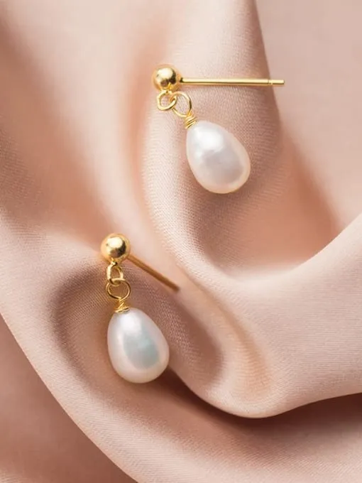 Children's Earrings:  Sterling Silver with Gold Over (Vermeil) Imitation Water Drop Pearl Earrings with Gift Box