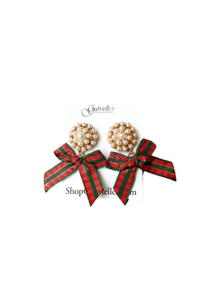 Christmas Plaid Pearl Bow Earrings