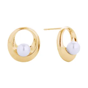 Circle Pearl Stud Earrings - 14K Gold Dipped