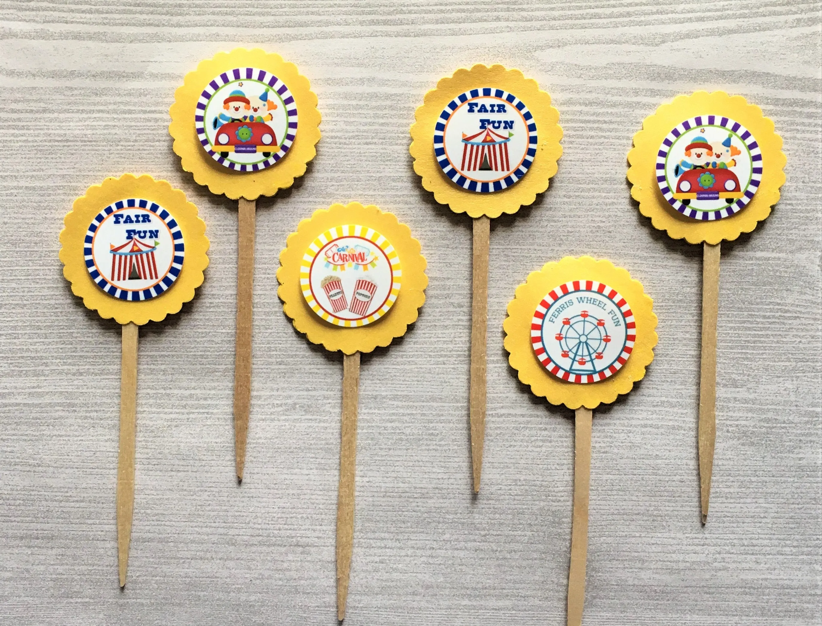 Circus Themed Cupcake Toppers, Set of 6