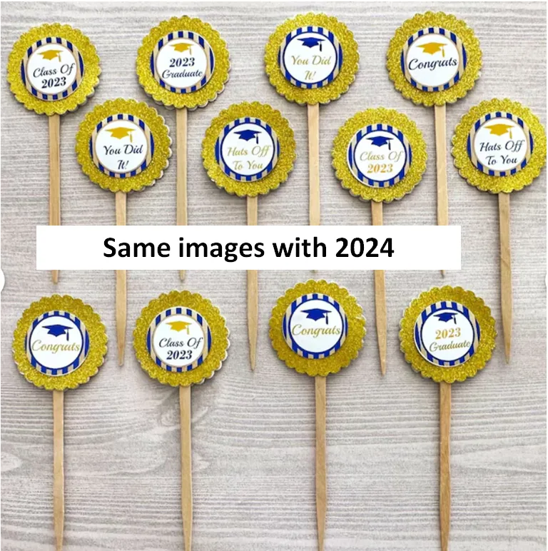Class of 2024 Cupcake Toppers, Blue and Gold, Set of 12