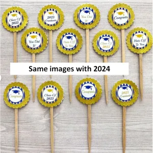 Class of 2024 Cupcake Toppers, Blue and Gold, Set of 12