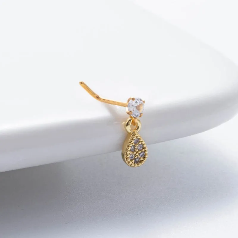 Classic CZ Inlaid Waterdrop Square Dangle Stainless Steel Nose Piercing Nose Stud