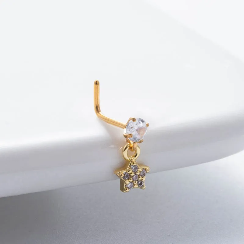 Classic CZ Inlaid Waterdrop Square Dangle Stainless Steel Nose Piercing Nose Stud