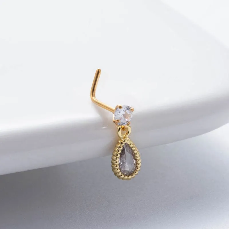 Classic CZ Inlaid Waterdrop Square Dangle Stainless Steel Nose Piercing Nose Stud