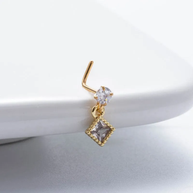 Classic CZ Inlaid Waterdrop Square Dangle Stainless Steel Nose Piercing Nose Stud